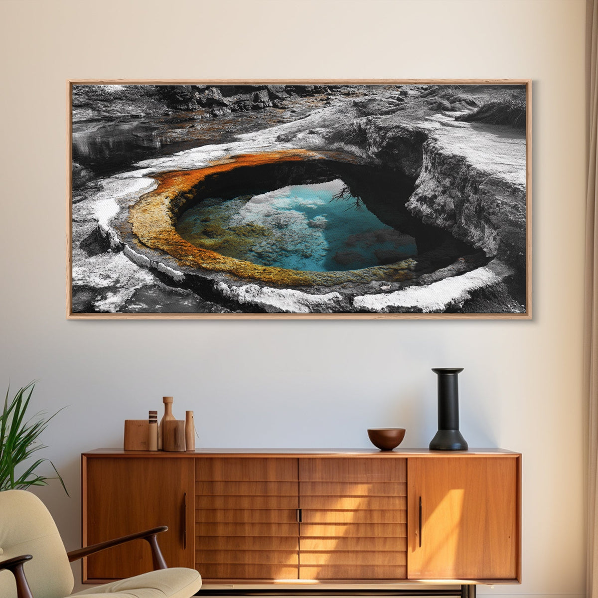 Geothermal Pool, Natural Wonders Photography, Yellowstone Landscape Decor, Earth Tones Wall Art, Framed Canvas Print, Bathroom Art