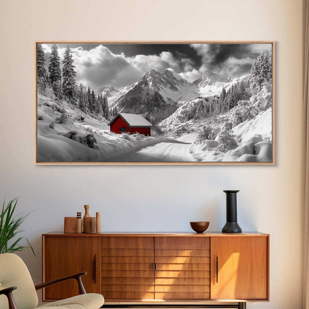 Red Cabin, Winter Mountains, Snow Forest, Canvas Print, Christmas Wall Art, Rustic Lodge Decor, Landscape Photography, Bedroom Art