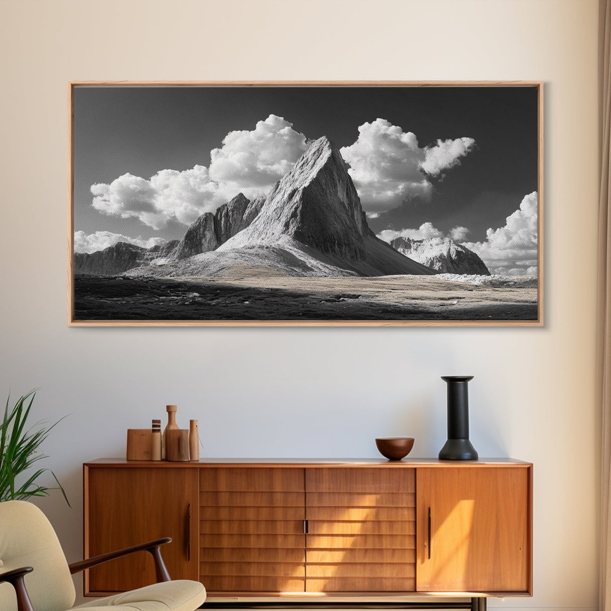 Dramatic Peak, Cloudy Sky, Monochrome Nature, Canvas Print, Minimalist Mountain Wall Art, Office Decor, Black White Landscape