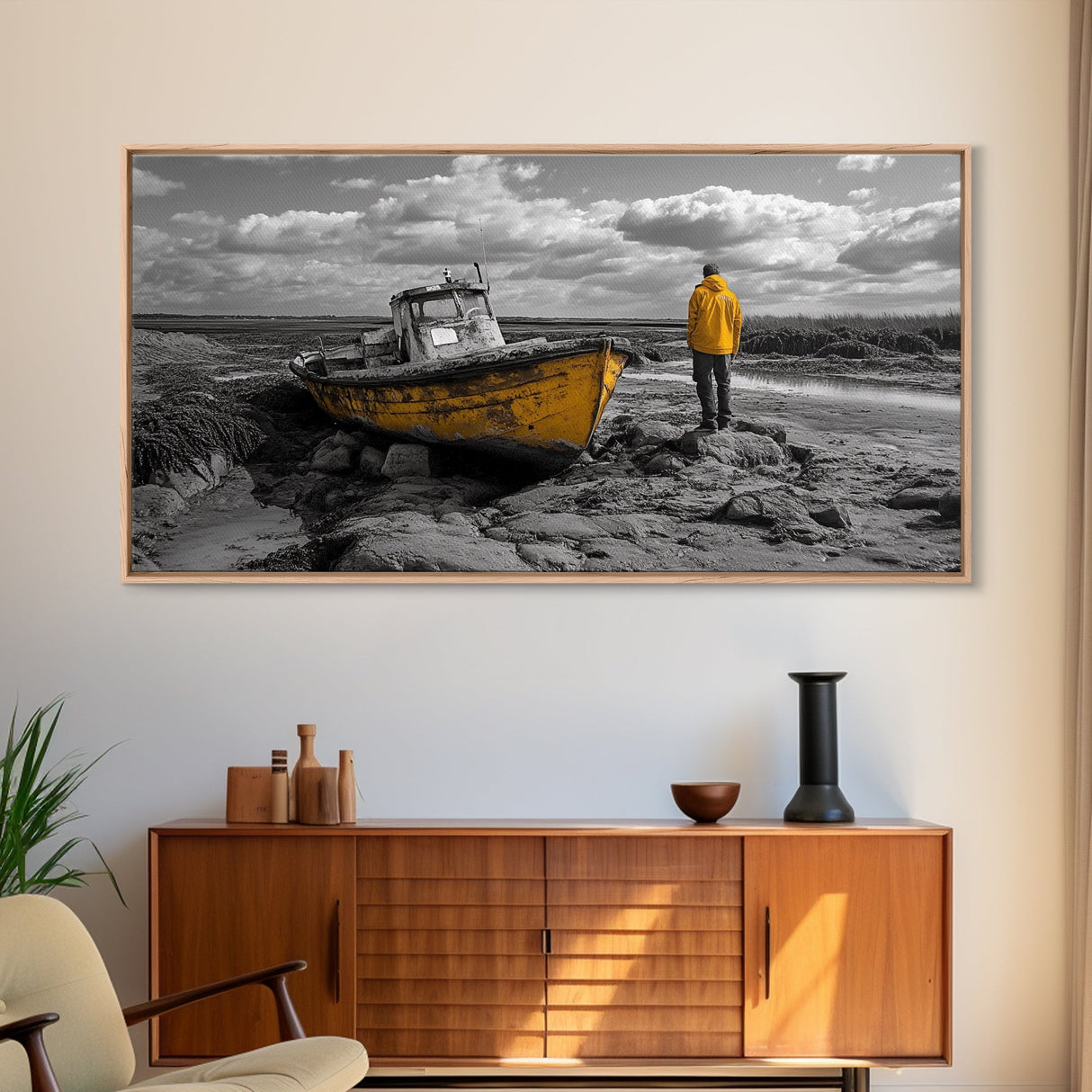 Yellow Boat, Lonely Man, Moody Shore, Framed Canvas Print, Coastal Wall Art, Nautical Decor, Masculine Home Office Style