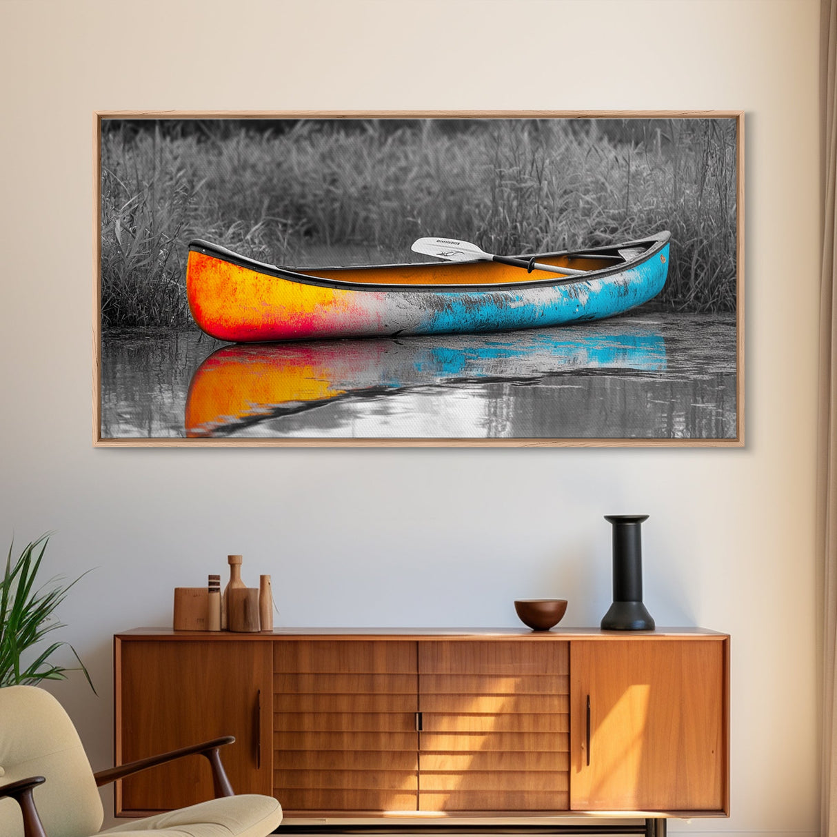 Painted Canoe, River Reflections, Nature Boating, Color Pop Art, Canvas Print, Lakeside Wall Decor, Adventure Theme, Rustic Office Art
