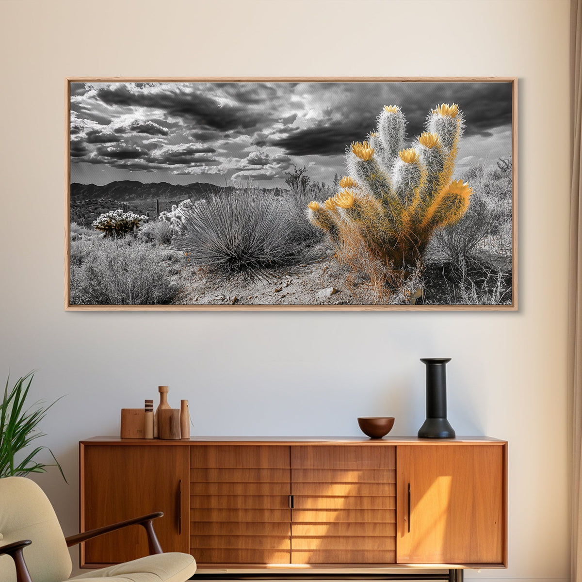 Golden Bloom Cactus, Desert Storm Landscape, Framed Canvas Print, Rustic Decor, Boho Western Art, Entryway Wall Art, Autumn Style