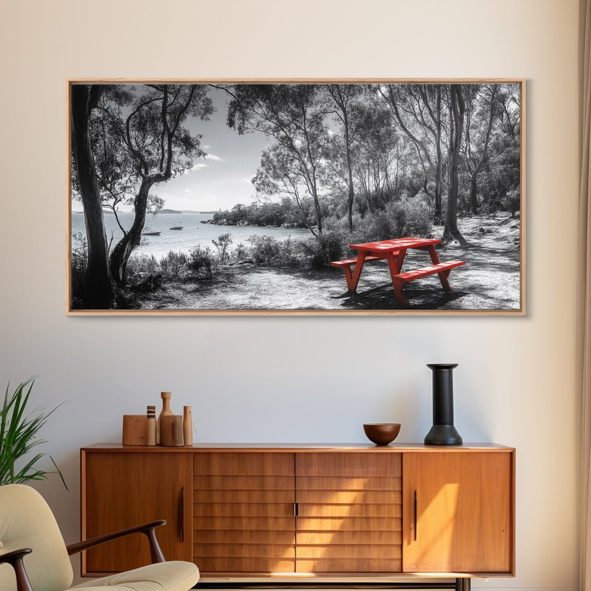 Red Picnic Table, Lakeside Spot, Forest Escape, Outdoor Moment, Framed Canvas Print nature wall art, rustic cabin decor, adventure print