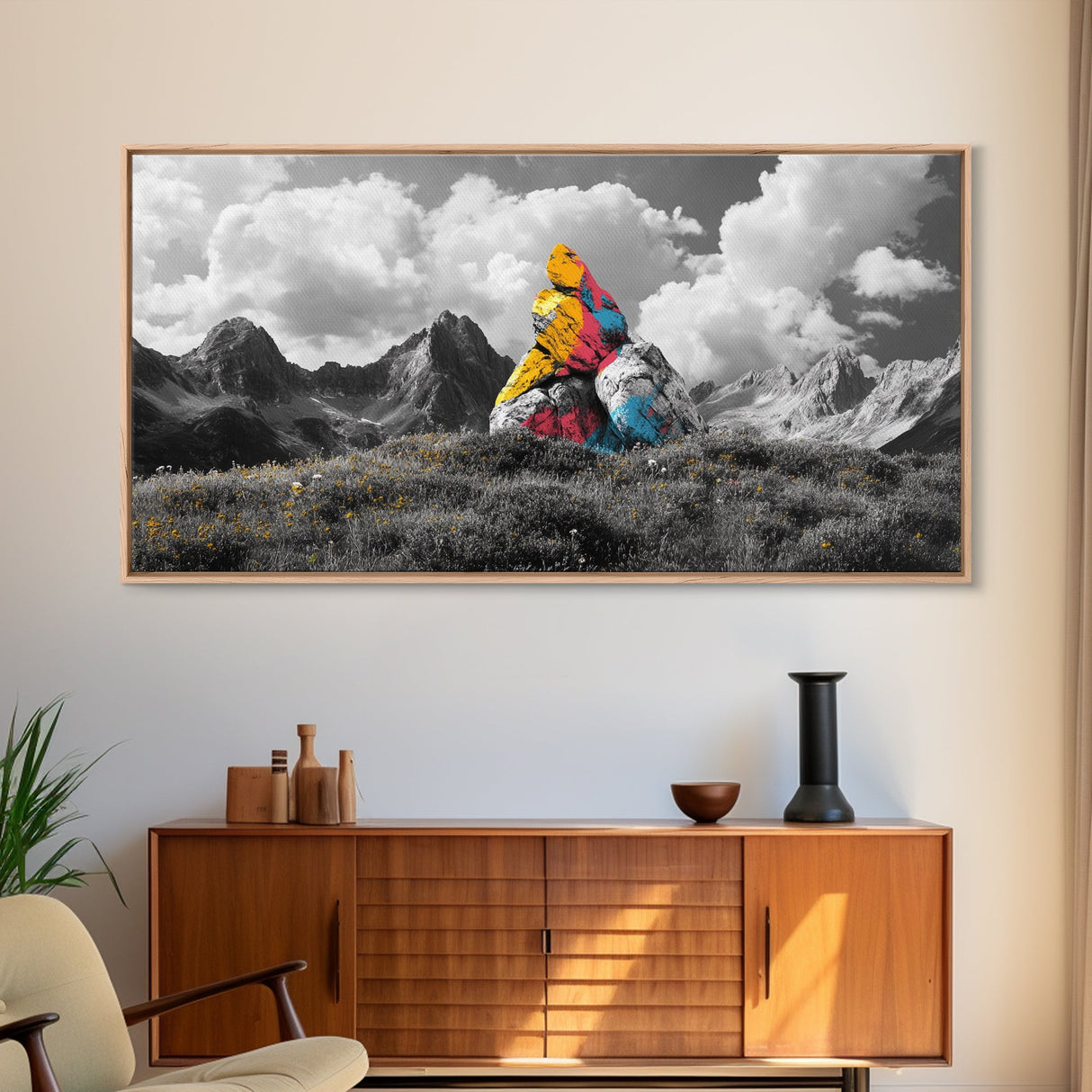 Painted Mountain Rocks, Colorful Nature Landscape, Bold Abstract Peaks, Framed Canvas Print, Living Room Wall Art, Modern Rustic Style