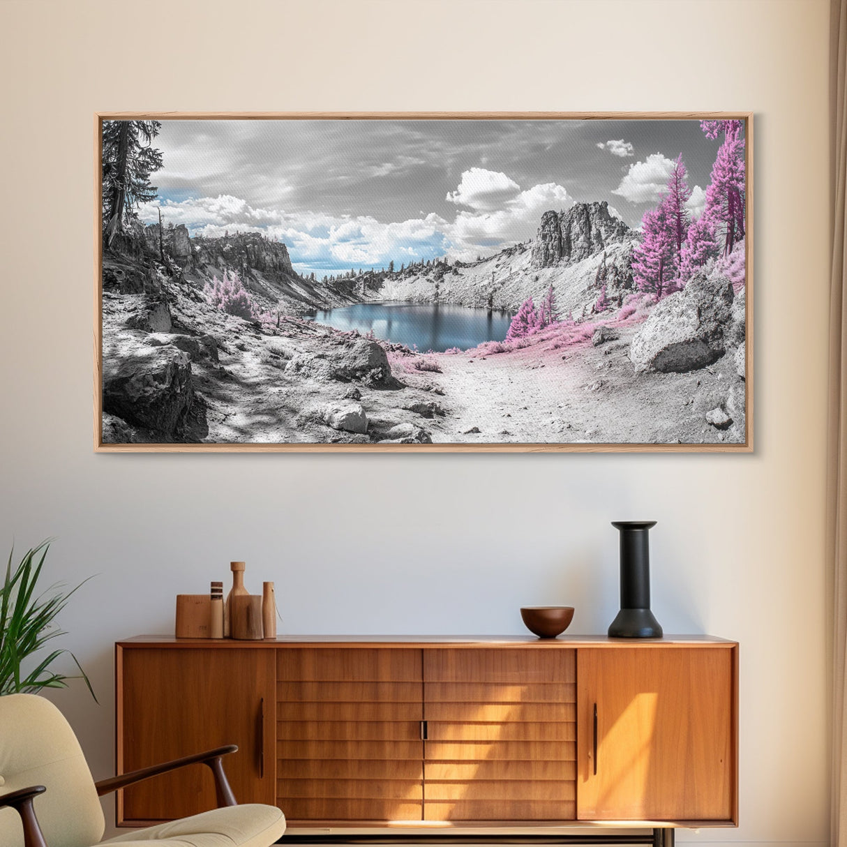 Surreal Landscape, Pink Trees, Mountain Lake, Framed Canvas Print, Fantasy Nature Art, Dreamy Decor, Bedroom Wall Art, Nature Surrealism