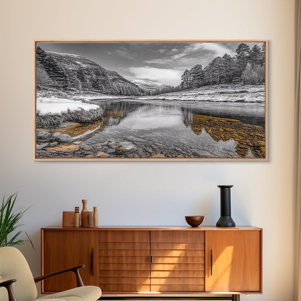 Snow River Scene, Winter Landscape, Peaceful Stream, Framed Canvas Print, Rustic Cabin Decor, Nature Wall Art, Minimalist Winter Aesthetic