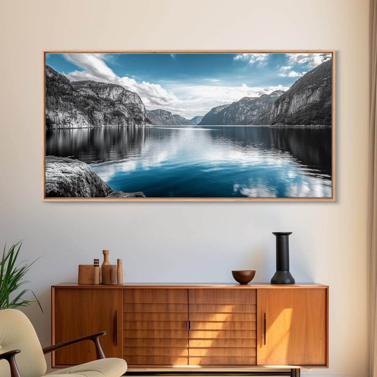 Mountain Lake, Blue Water, Fjord View, Canvas Print, Scandinavian Landscape, Calm Nature Wall Art, Office or Bedroom Modern Decor