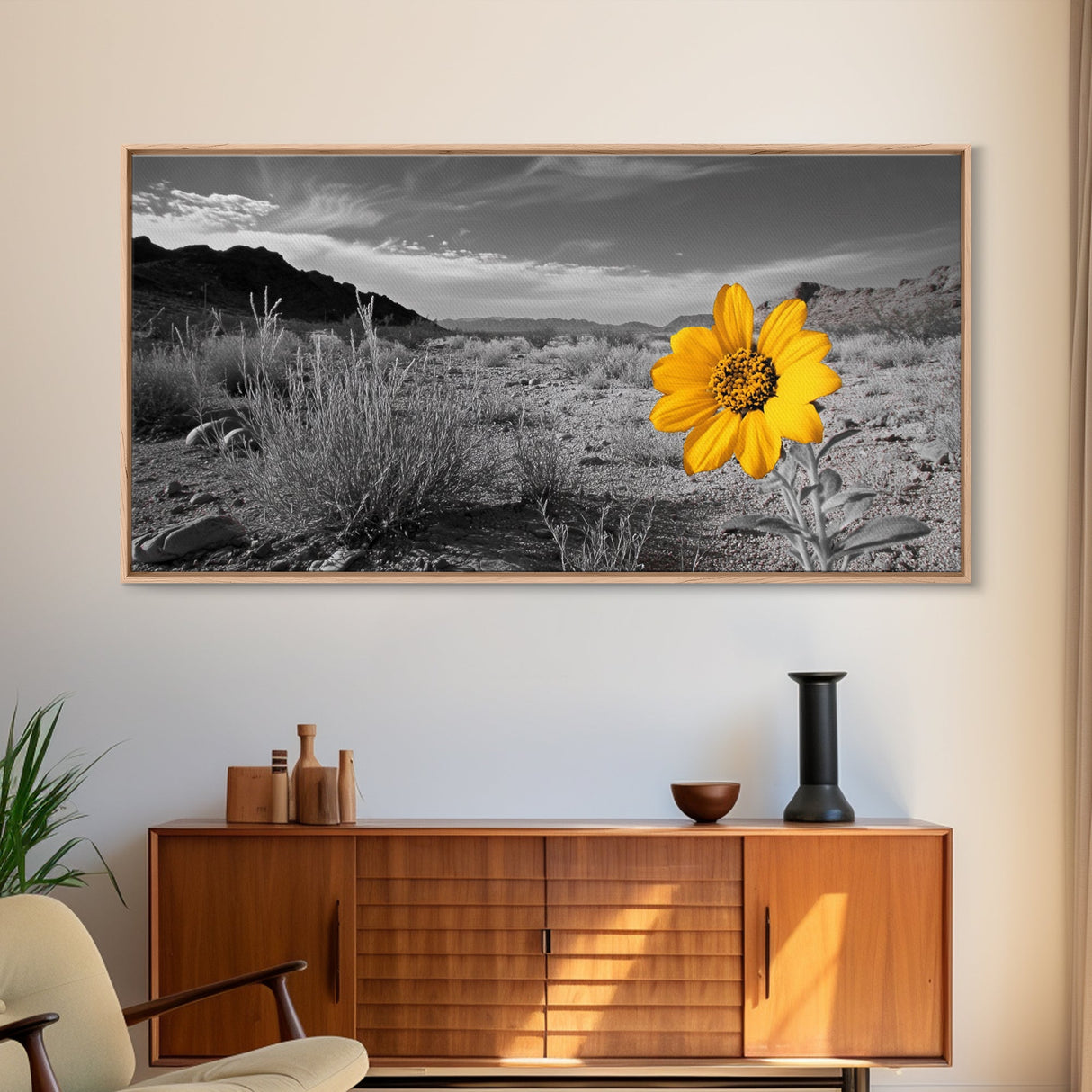Yellow Flower, Desert Bloom, Monochrome Landscape, Canvas Print, Botanical Wall Art, Minimalist Nature Decor, Modern Kitchen Accent