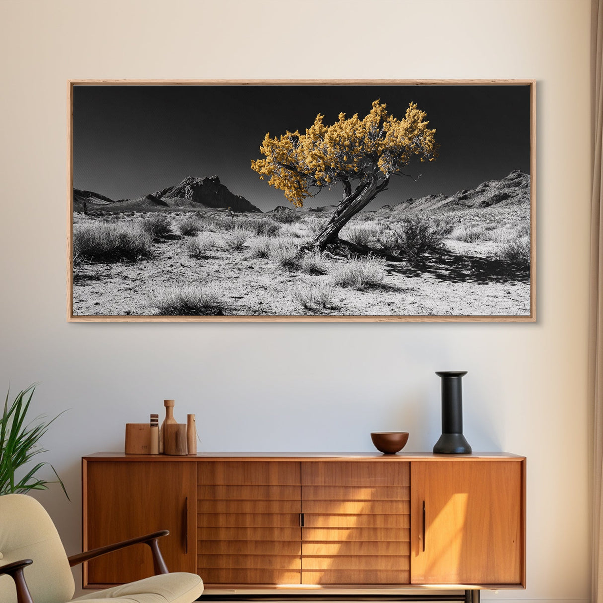 Golden Tree, Desert Landscape, Monochrome Background, Framed Canvas Print, Autumn Wall Art, Southwest Decor, Modern Boho Art Vibe
