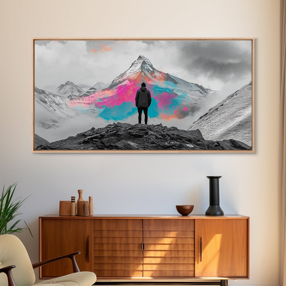 Rainbow Mountain, Vibrant Summit, Hiker Adventure, Canvas Print, Surreal Landscape Art, Wanderlust Wall Decor, Modern Office Artwork