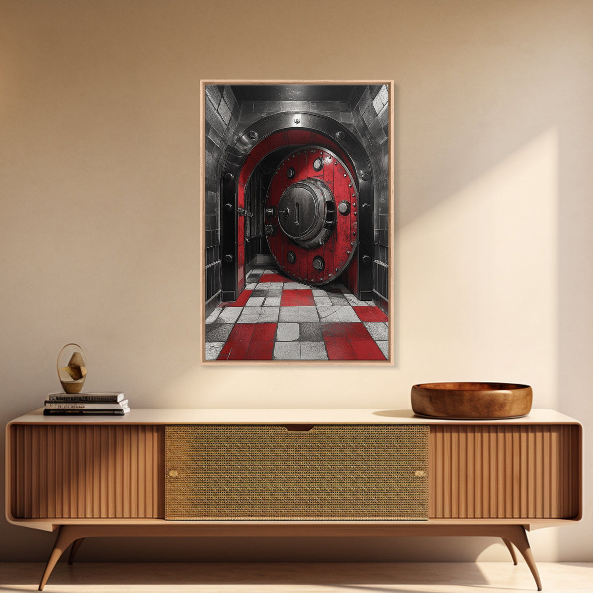 Red Vault Door, Industrial Style, Bold Security, Framed Canvas Print, Urban Interior Wall Art, Game Room Decor, Steampunk Vibes