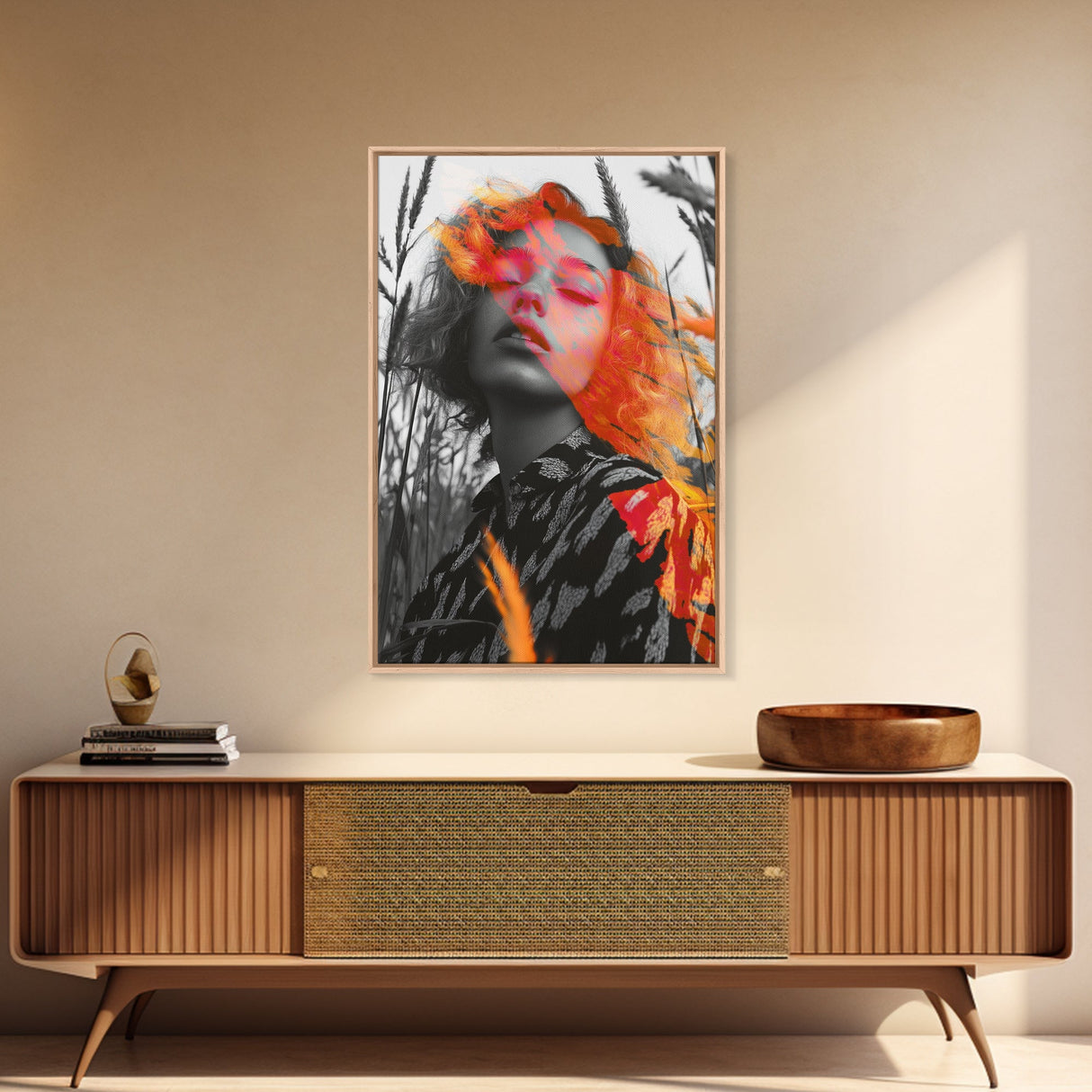 Surreal Woman, Field Portrait, Neon Face Art, Framed Canvas Print, Bold Feminine Wall Art, Bedroom Decor, Modern Pop Art Print