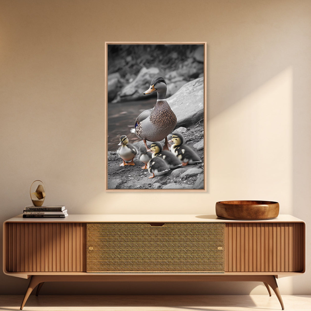 Duck Family, Nature Wildlife, Adorable Ducklings, Framed Canvas Print, Nursery Animal Wall Art, Cozy Farmhouse Decor, Fall Art Print