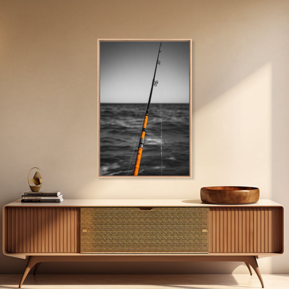 Fishing Pole, Ocean Rod, Angler Focus, Sea Horizon, Framed Canvas Print, Man Cave Wall Art, Sport Fishing Decor, Coastal Style Art