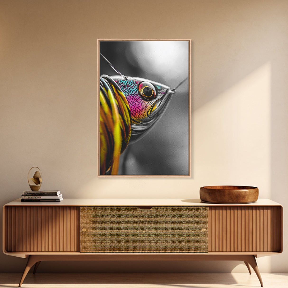 Colorful Lure, Fishing Hook, Bold Scales, Rainbow Detail, Framed Canvas Print, Man Cave Art, Fishing Decor, Vibrant Realism Wall Art