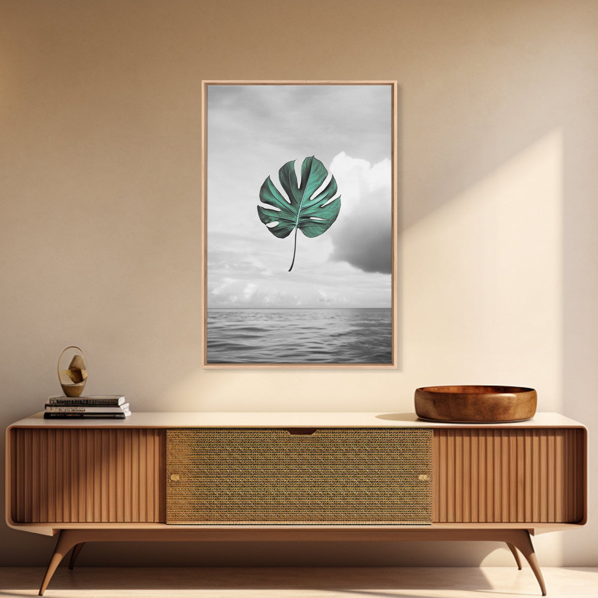 Monstera Leaf, Ocean Breeze, Tropical Minimalism, Floating Leaf, Framed Canvas Print, Modern Bathroom Art, Boho Decor, Tropical Wall Art