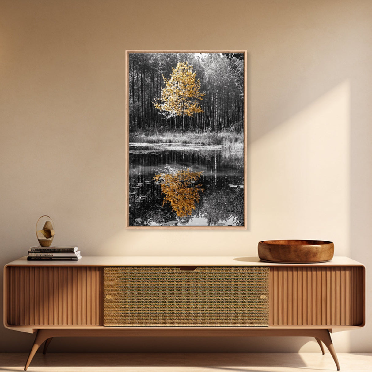Golden Tree, Forest Reflection, Autumn Pond, Tranquil Waters, Canvas Print, Fall Nature Wall Art, Zen Bathroom Decor, Minimalist Art