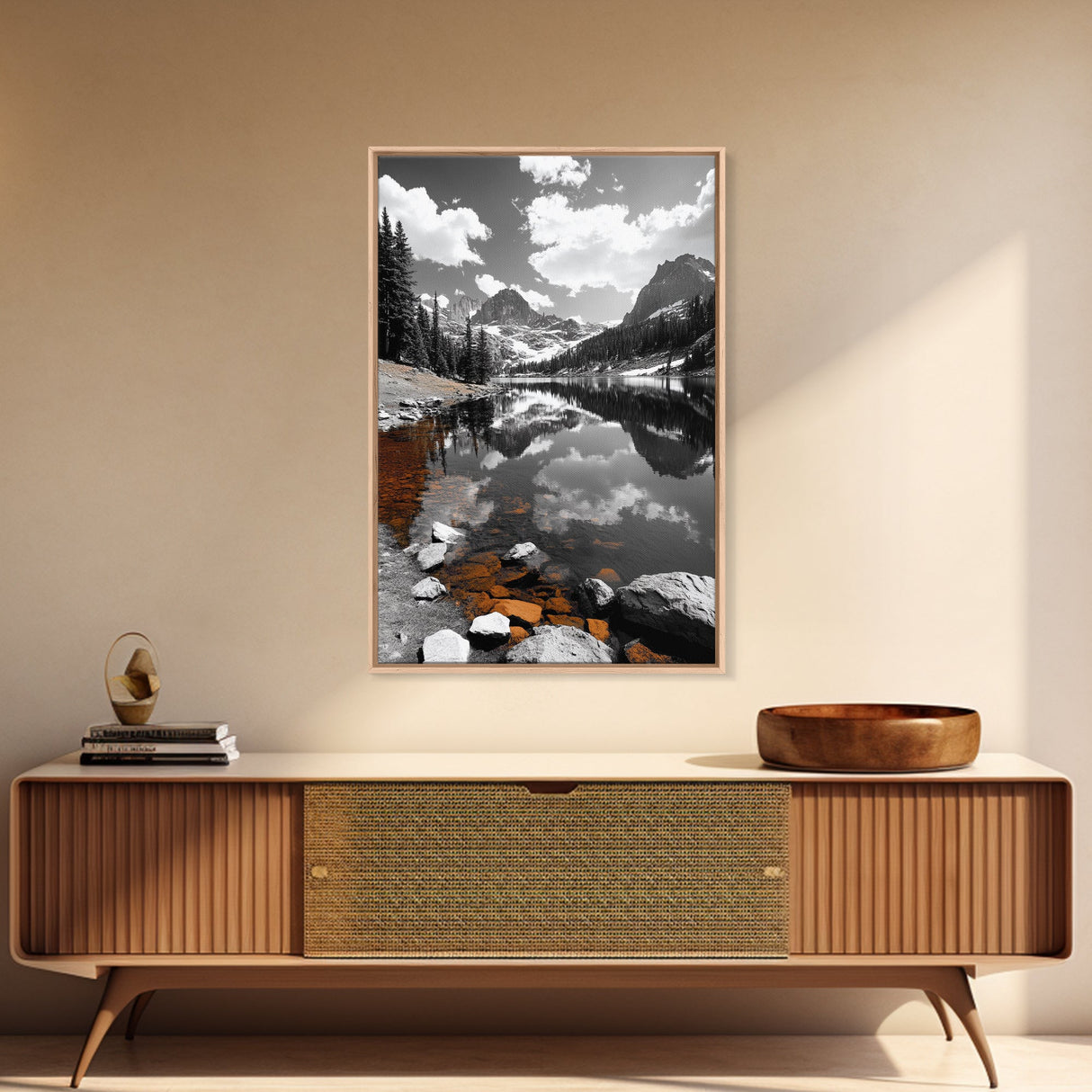 Alpine Lake, Orange Rocks, Mountain Reflection, Canvas Print, Wilderness Wall Art, Nature Explorer Decor, Rustic Lodge Wall Art