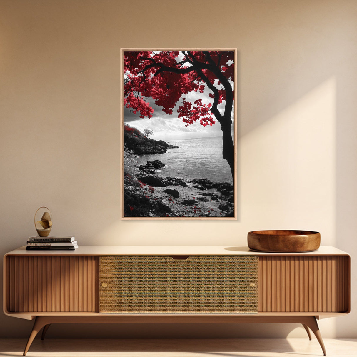Red Leaves, Dramatic Coast, Ocean Horizon, Canvas Print, Autumn Coastal Wall Art, Bold Nature Photography, Moody Fall Decor, Beach Theme