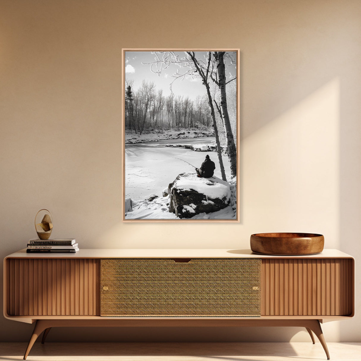 Winter Fishing, Snowy River, Peaceful Solitude, Canvas Print, Cabin Wall Art, Rustic Outdoor Decor, Black White Nature Photography