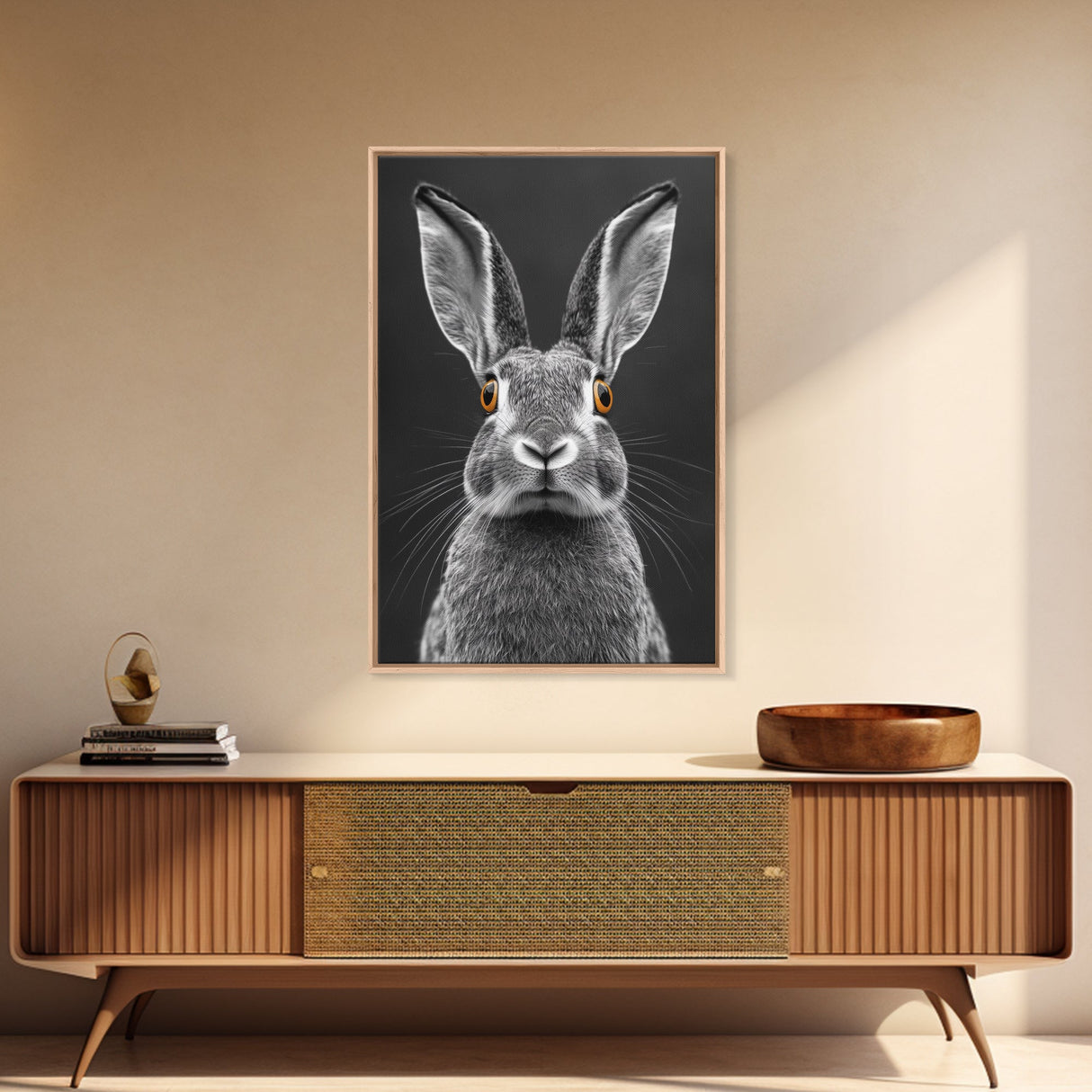 Wide Eyed Rabbit, Animal Portrait, Monochrome Humor, Framed Canvas Print, Nursery Wall Art, Whimsical Minimalist Decor, Funny Gift