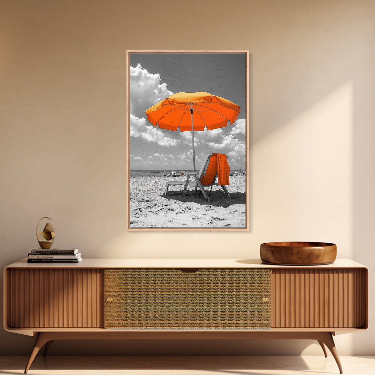 Orange Umbrella Shade, Beach Chill Scene, Relax Spot, Framed Canvas Print, Summer Wall Art, Vacation Vibe Decor, Minimalist Beach Art