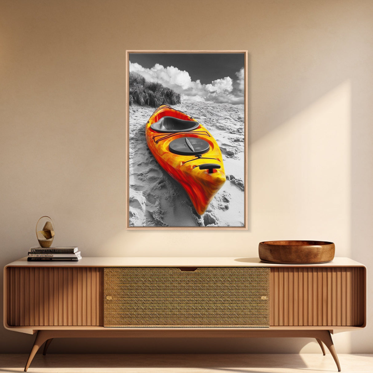 Vibrant Kayak, Sandy Beach, Summer Adventure Vibe, Canvas Print, Coastal Wall Art, Bold Color Photography, Outdoor Lover Gift