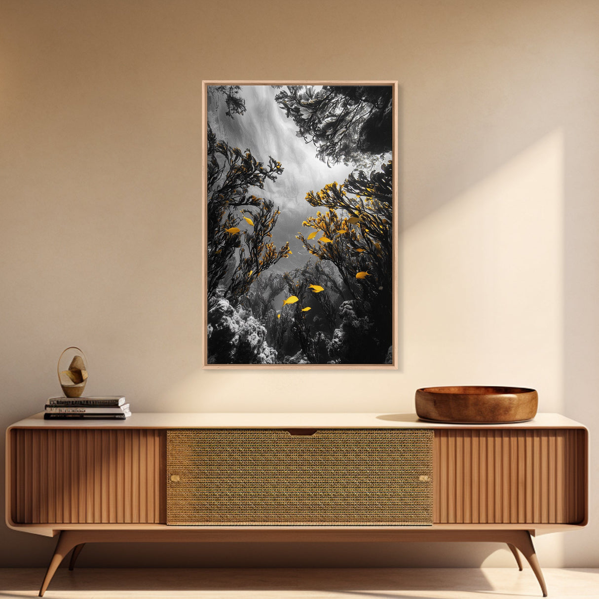 Golden Fish, Kelp Forest, Ethereal Ocean Scene, Framed Canvas Print, Underwater Wall Art, Nature Photography, Bathroom Sea Decor