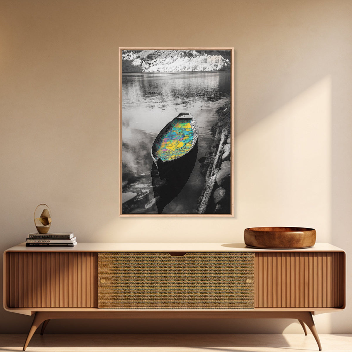 Rowboat Map Interior, Lake Reflections, Artistic Travel Theme, Canvas Print, Cabin Wall Art, Unique Lake House Decor, Explorer Style