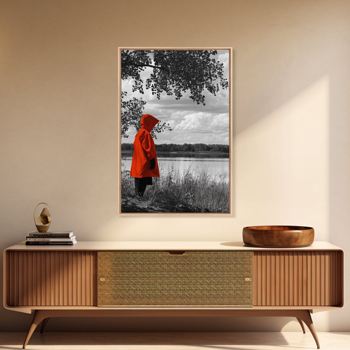 Red Coat Figure, Lakeside Reflection, Mystery Forest Mood, Canvas Print, Autumn Minimalist Wall Art, Moody Storybook Decor, Nature Style