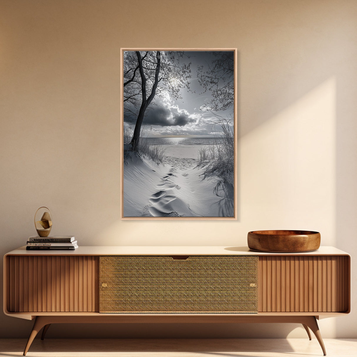 Beach Dunes Sunset, Seaside Escape, Quiet Shore Path, Coastal Calm, Framed Canvas Print, neutral coastal art, bathroom wall decor