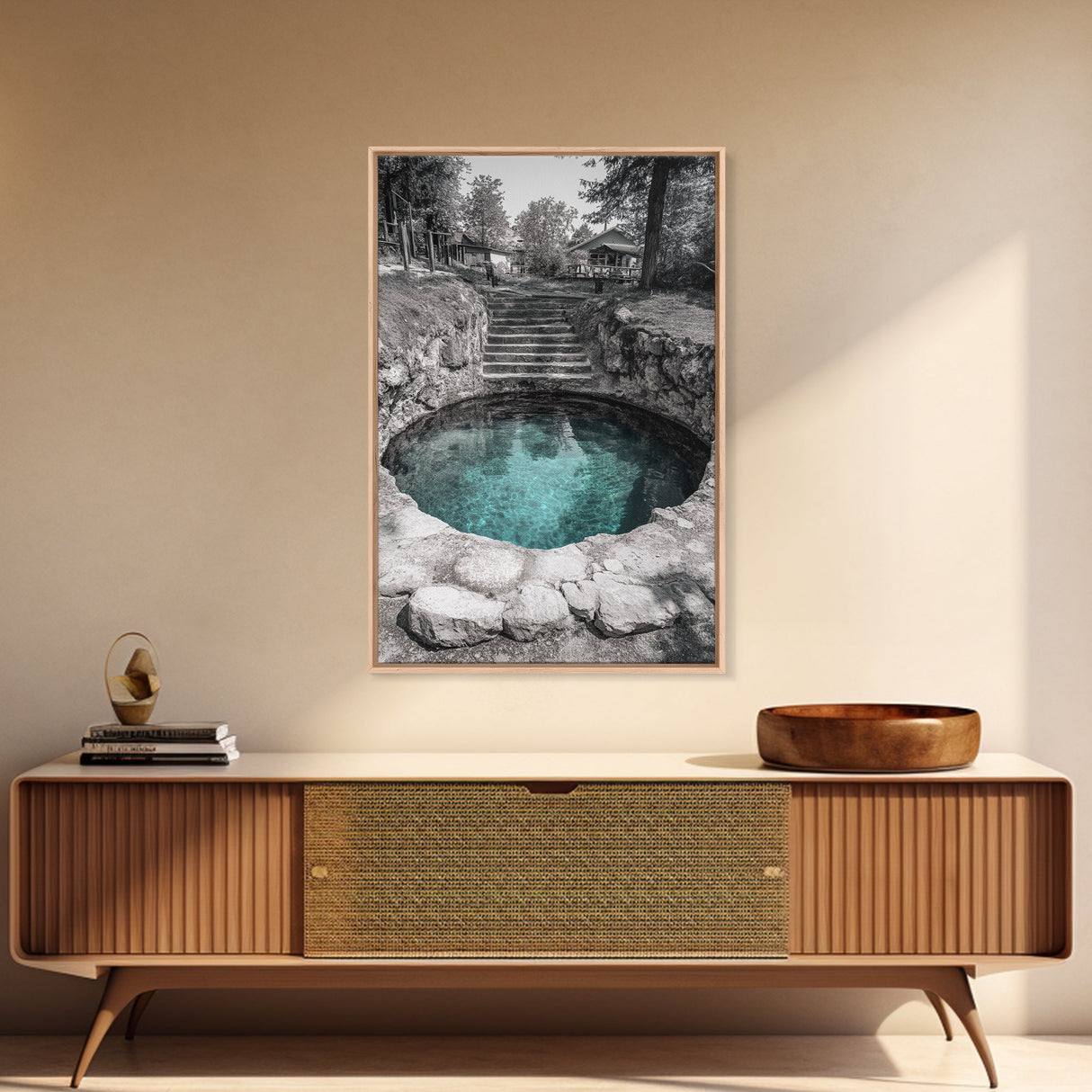 Hidden Spring Pool, Stone Garden Scene, Tranquil Nature Print, Zen Wall Decor, Framed Canvas Print, Minimalist Bathroom Wall Art