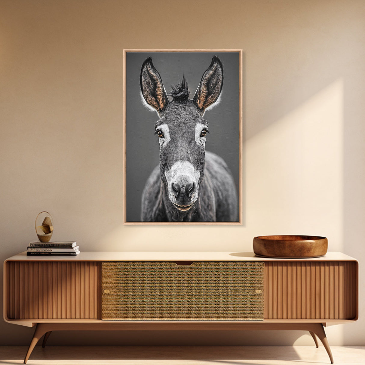 Donkey Close-Up, Rustic Farm Animal, Black and White Portrait, Canvas Print, Farmhouse Kitchen Art, Country Animal Wall Decor