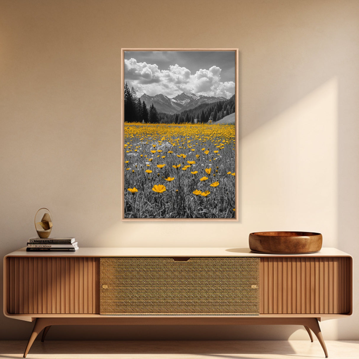 Yellow Wildflowers, Mountain Field, Blooming Meadow, Framed Canvas Print, Nature Photography, Rustic Decor, Dining Room Wall Art