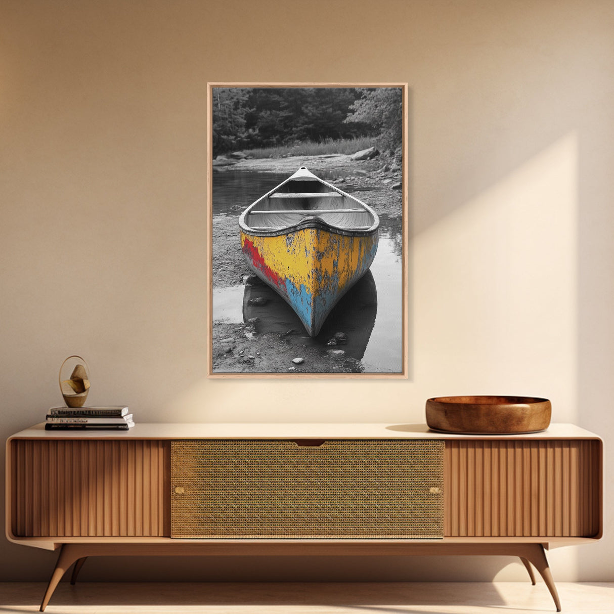 Rustic Canoe, Weathered Paint, River Adventure Art, Framed Canvas Print, Cabin Wall Decor, Color Pop Nature Photography