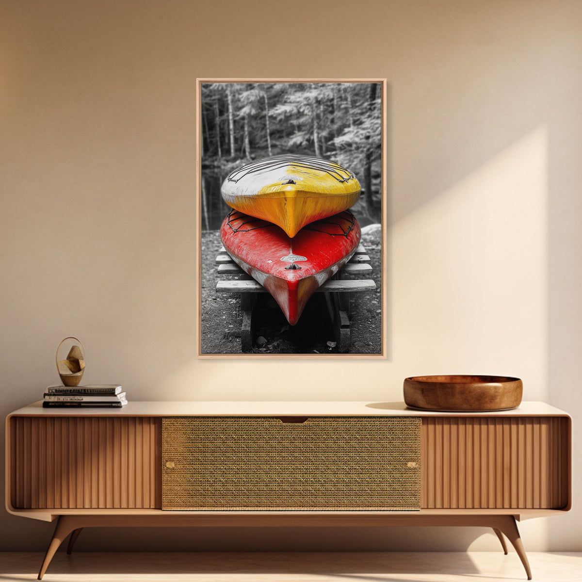 Stacked Kayaks, Red and Yellow, Forest Wall Art, Canvas Print, Adventure Photography, Outdoor Cabin Decor, Fall Travel Vibes