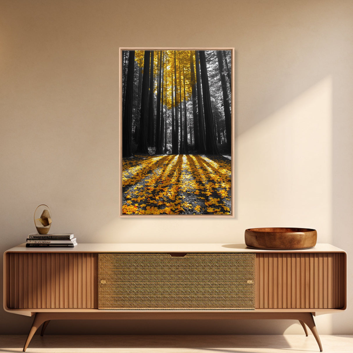 Golden Forest Light, Fall Leaves, Tall Trees Shadows, Tranquil Scene, Framed Canvas Print, Autumn Wall Art, Boho Living Room Decor
