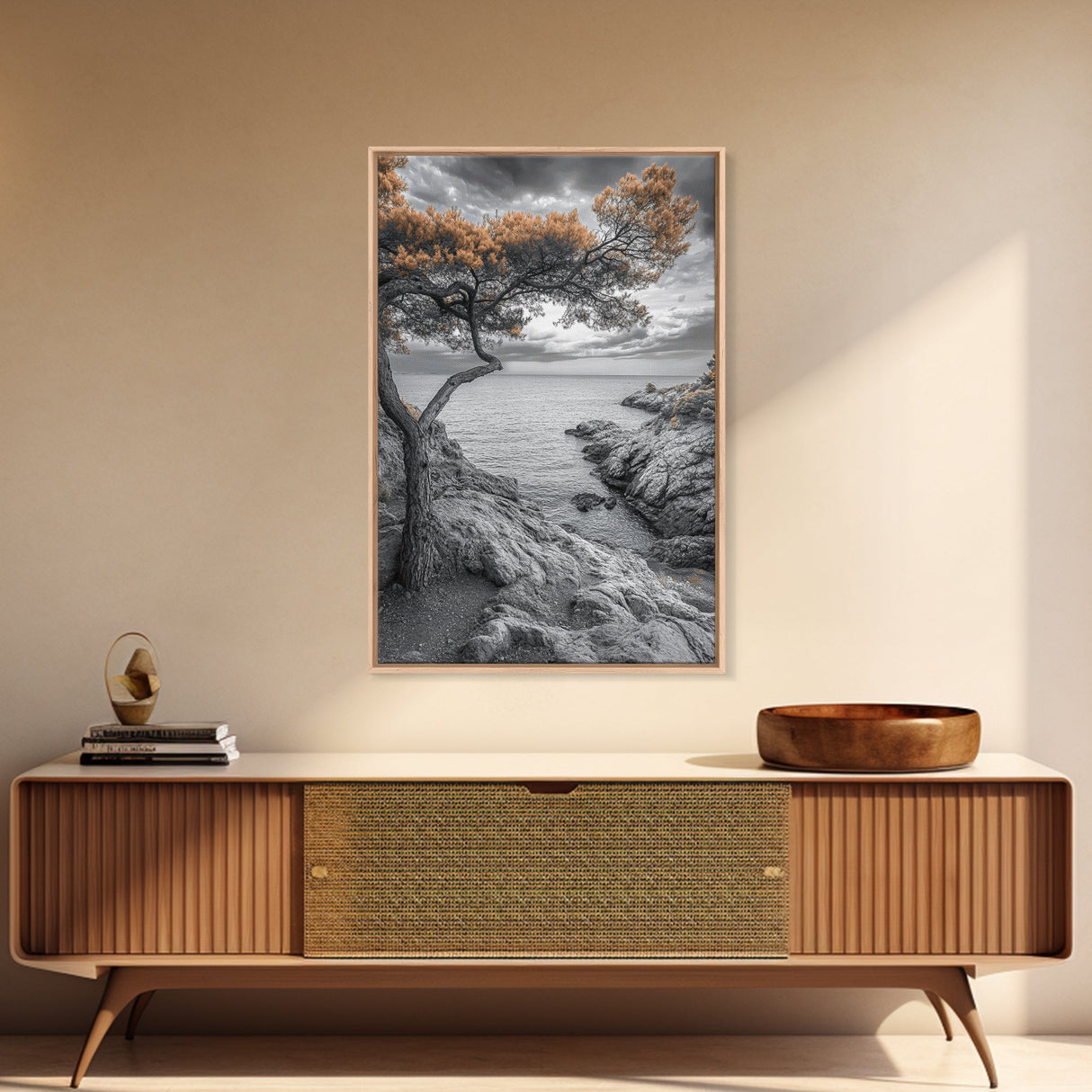 Coastal Tree, Ocean Horizon, Windswept Shoreline, Tranquil Mood, Framed Canvas Print, Minimalist Wall Art, Neutral Tones, Zen Decor