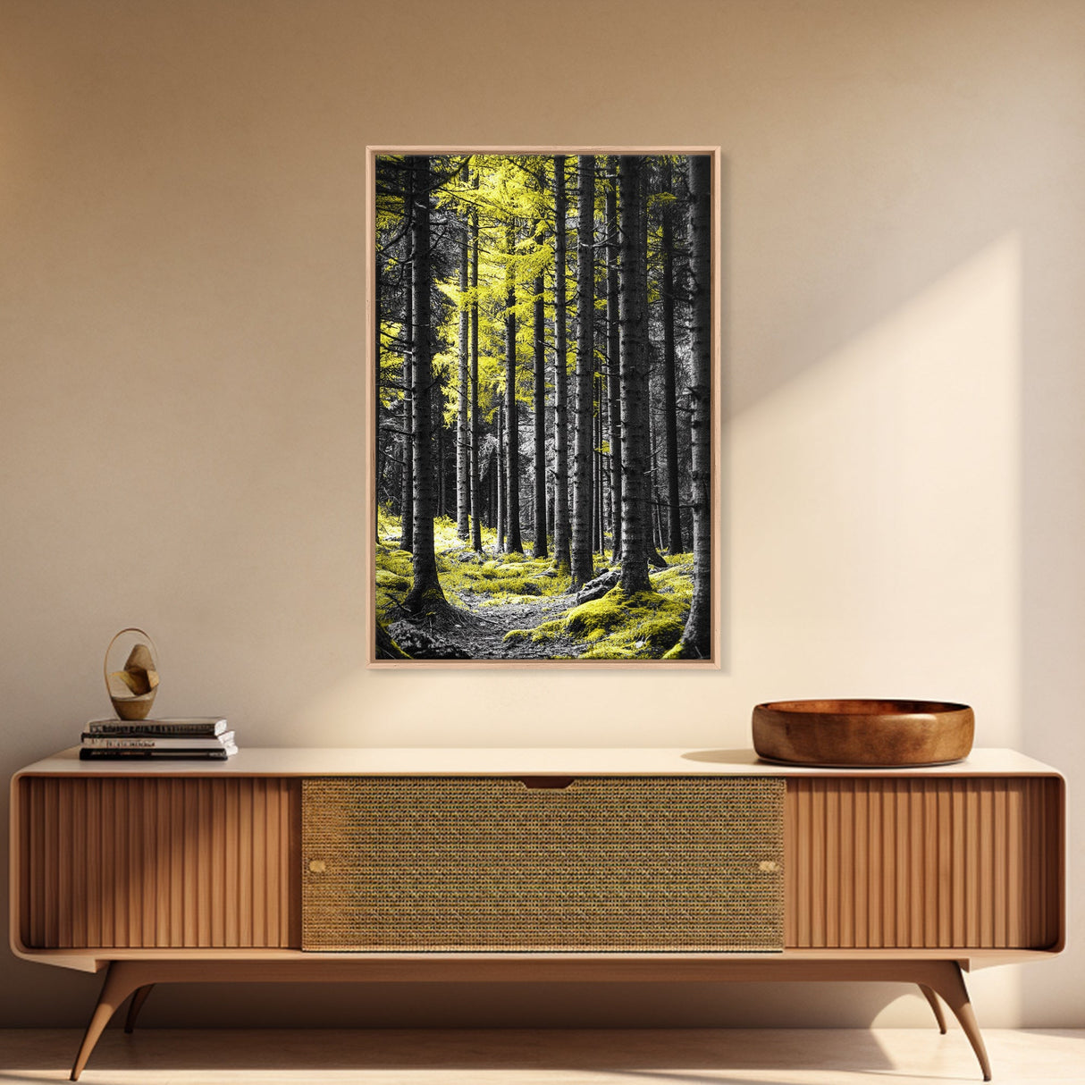 Yellow Forest, Tall Pines, Woodland Scene, Framed Canvas Print, Modern Nature Wall Art, Cabin Living Room Decor, Fall Forest Art