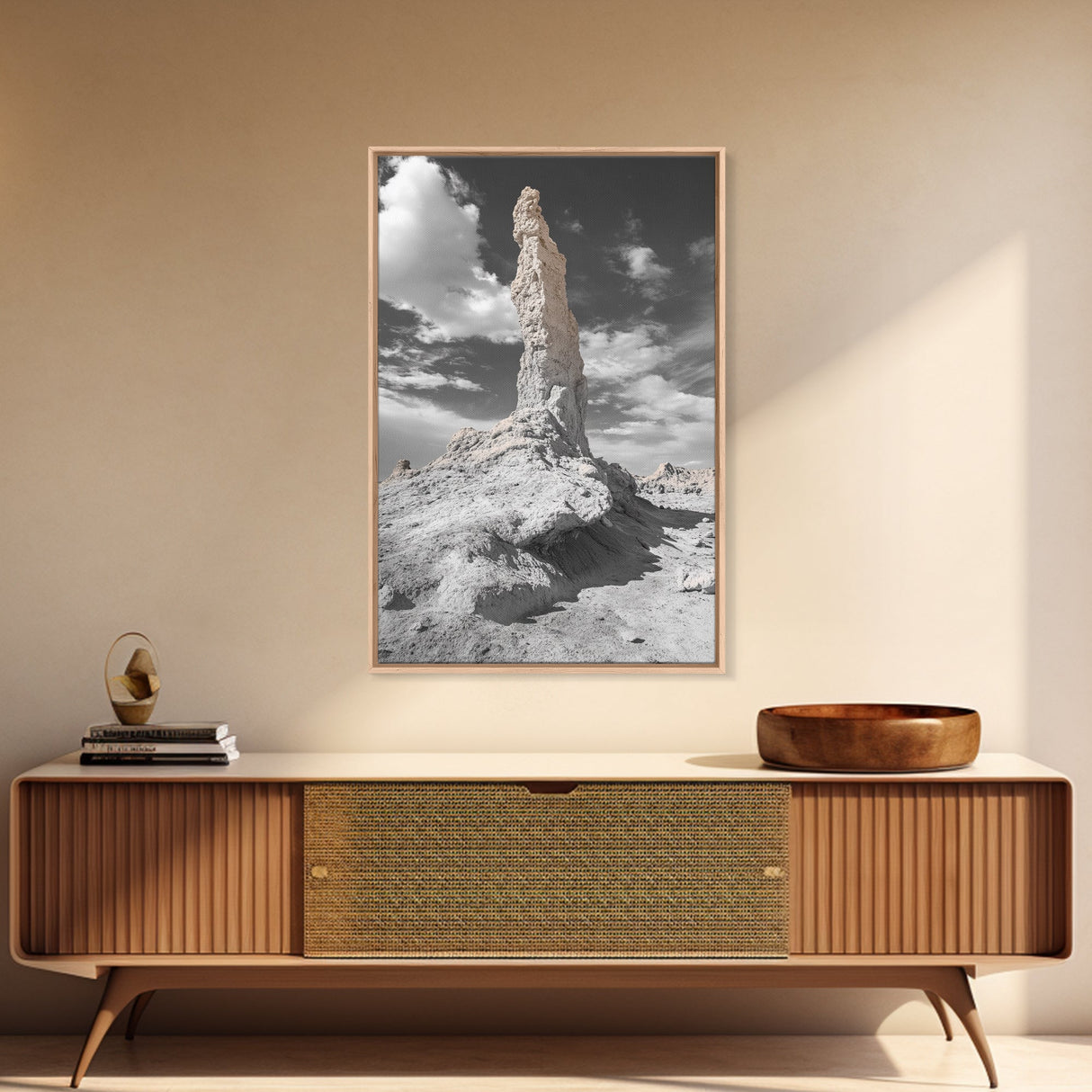 Rock Spire, Desert Monument, Sky Landscape, Framed Canvas Print, Modern Nature Wall Art, Earth Tones Decor, Minimalist Desert Art