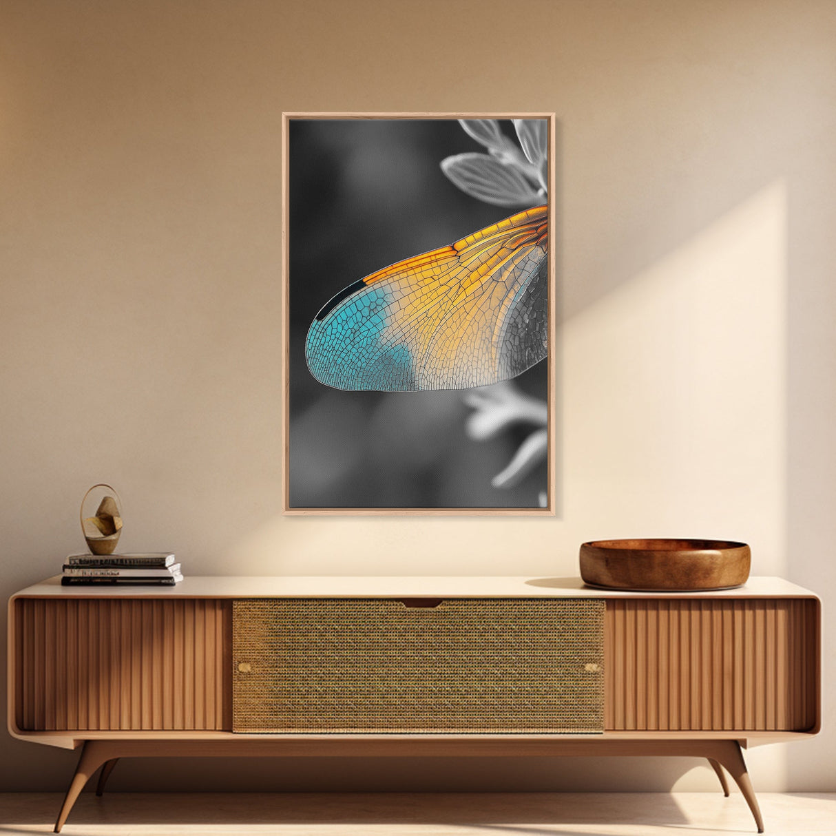 Wing Detail, Colorful Insect, Macro Nature, Blue Orange Wing, Framed Canvas Print, Natural Science Art, Entomology Wall Accent