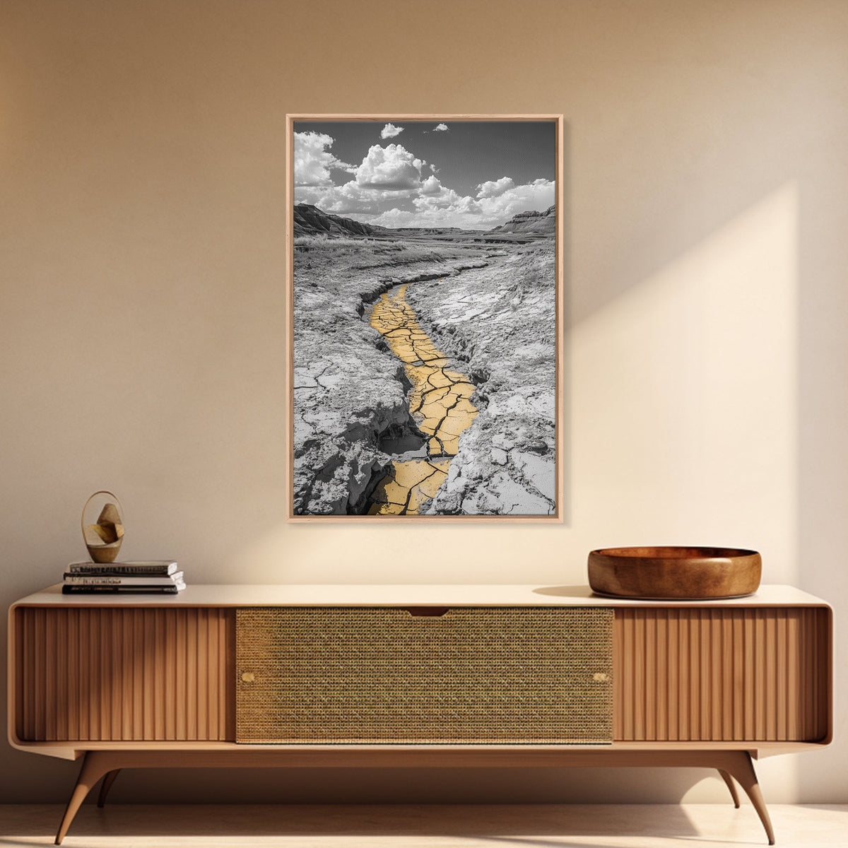 Desert Riverbed, Yellow Crack Trail, Dry Earth Path, Framed Canvas Print, Southwestern Wall Art, Minimalist Nature Decor, Earth Tone Style