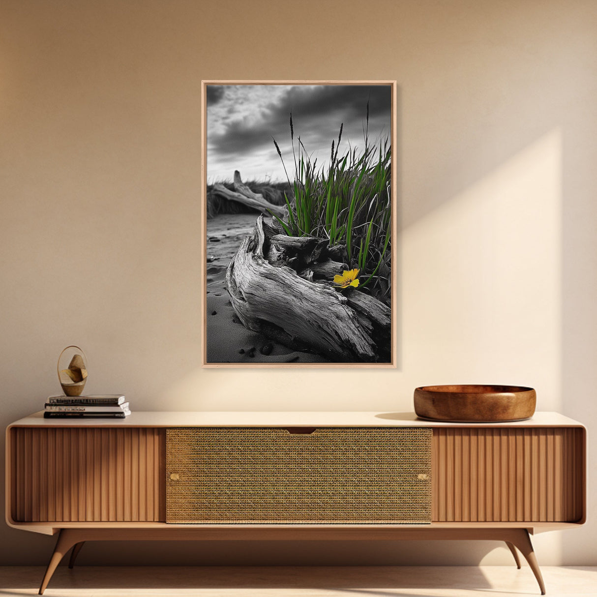 Wild Bloom, Yellow Flower, Driftwood and Grass, Moody Beach Scene, Framed Canvas Print, Autumn Wall Art, Nature Decor, Cozy Home Accent
