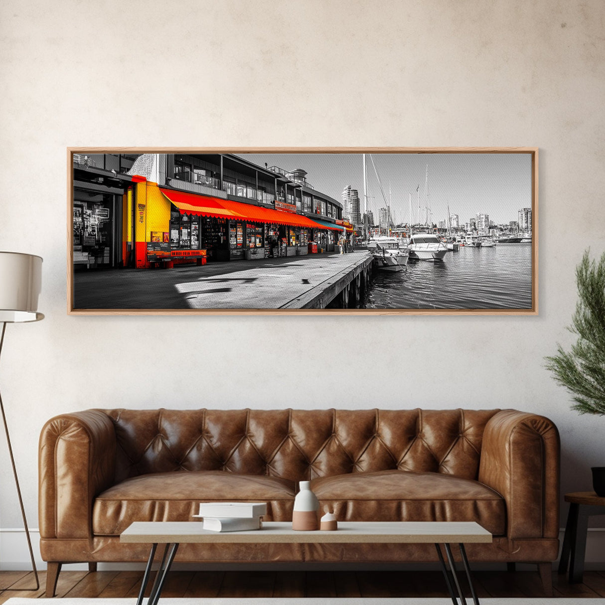 Waterfront Market, Urban Vibes, Boats and Shops, City Harbor — Framed Canvas Print, Kitchen Wall Art, Modern Cityscape, Vibrant Wall Decor