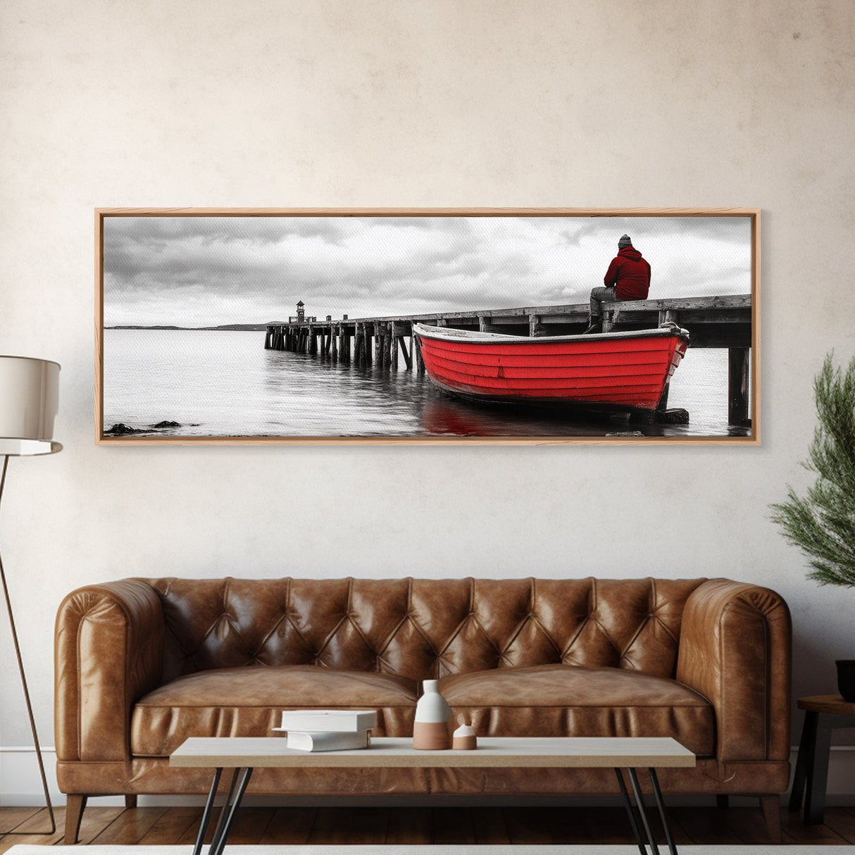 Red Boat Dock, Lonely Harbor View, Seaside Silence, Framed Canvas Print, Nautical Wall Art, Beach House Decor, Moody Coastal Vibes