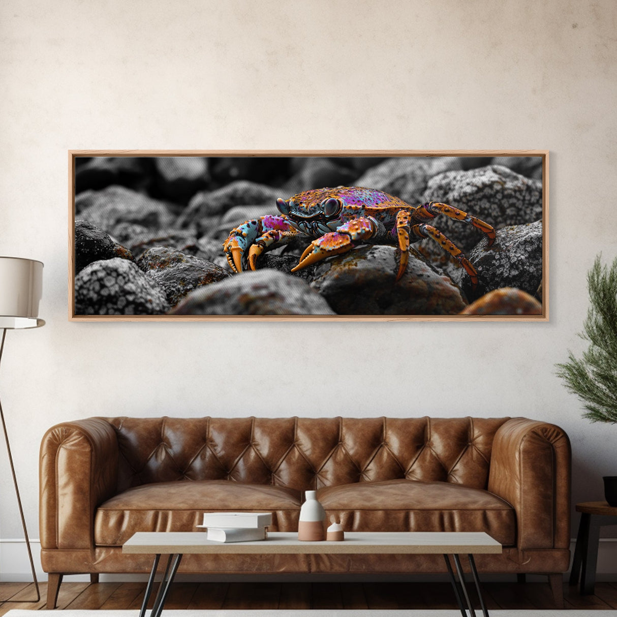 Rainbow Crab, Coastal Creature, Ocean Life, Vibrant Nature, Framed Canvas Print, Bathroom Wall Art, Coastal Home Decor