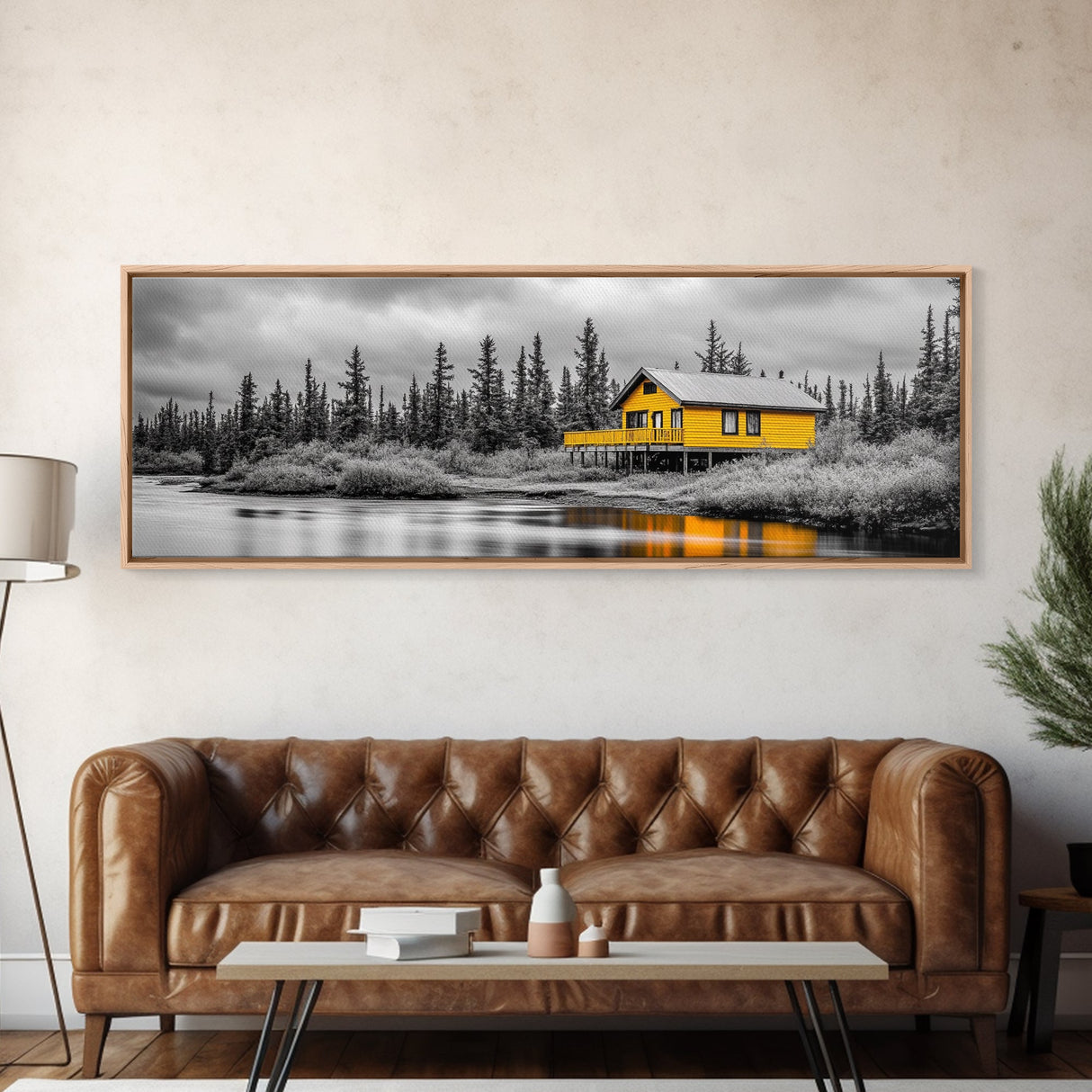 Yellow Cabin, Forest River View, Wilderness Retreat, Framed Canvas Print, Rustic Wall Art, Lodge Decor, Cozy Nature Landscape Style