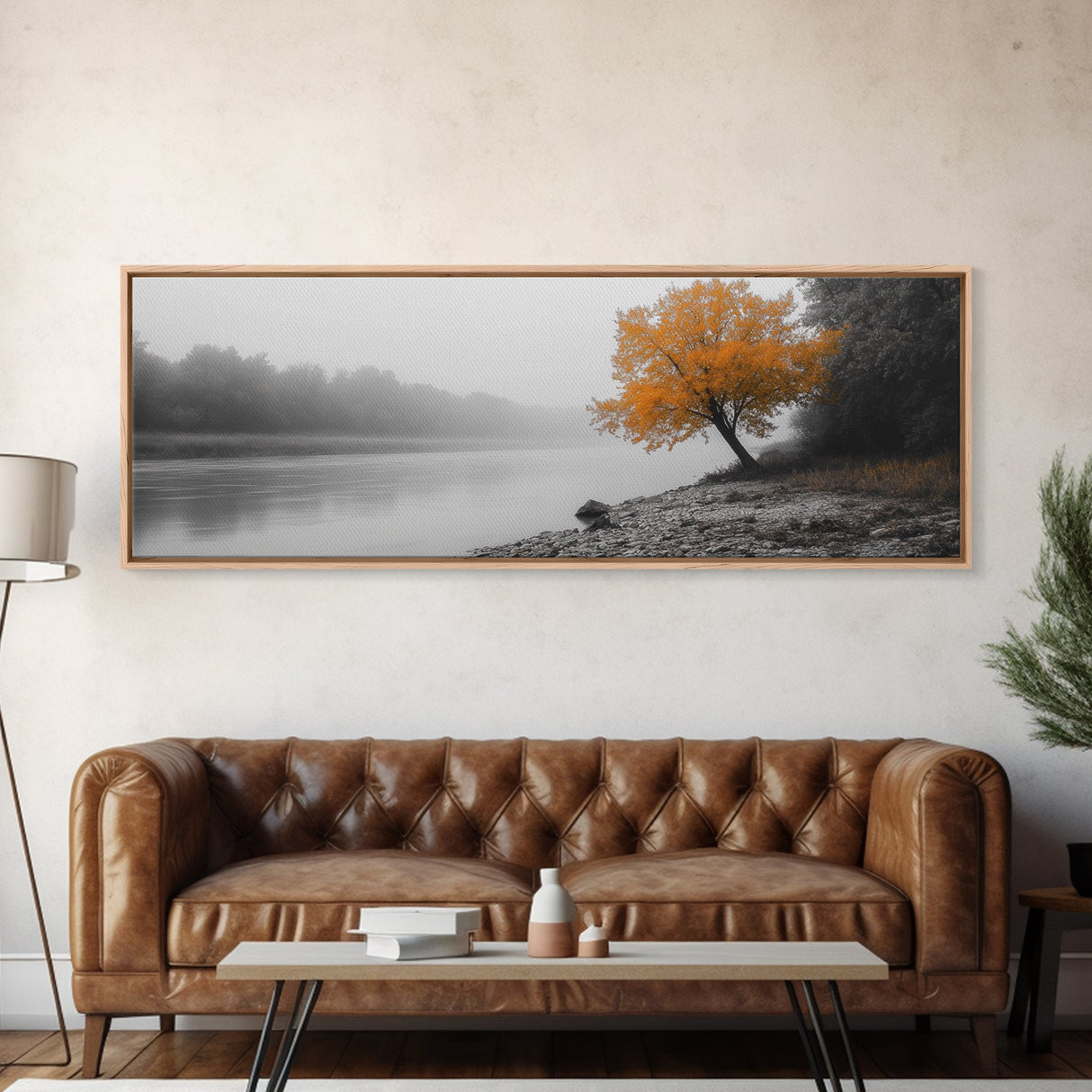 Foggy Riverbank Tree, Orange Fall Tree, Framed Canvas Print, Autumn Nature Scene, Moody Landscape Wall Art, Rustic Bedroom Decor