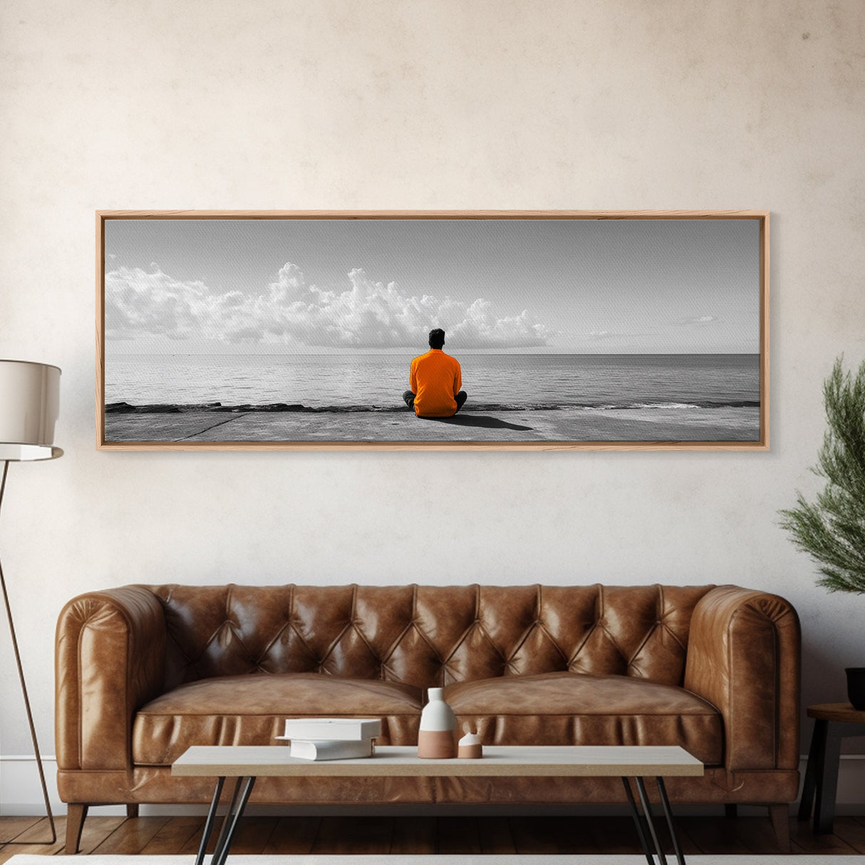 Orange Jacket, Solitude Man, Sea Gaze, Minimal Mood, Framed Canvas Print, Office Wall Art, Modern Decor, Reflective Photography