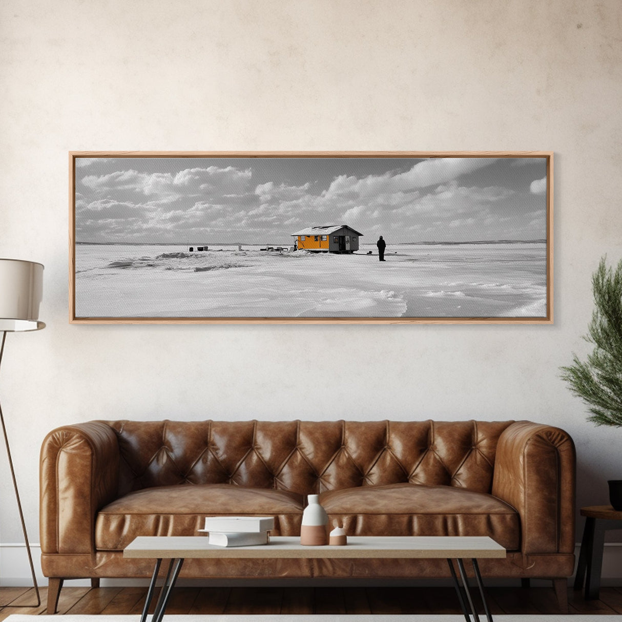 Winter Fishing, Ice House, Snowy Sky, Arctic Chill, Framed Canvas Print, Cabin Wall Art, Minimalist Winter Decor, Monochrome Scene